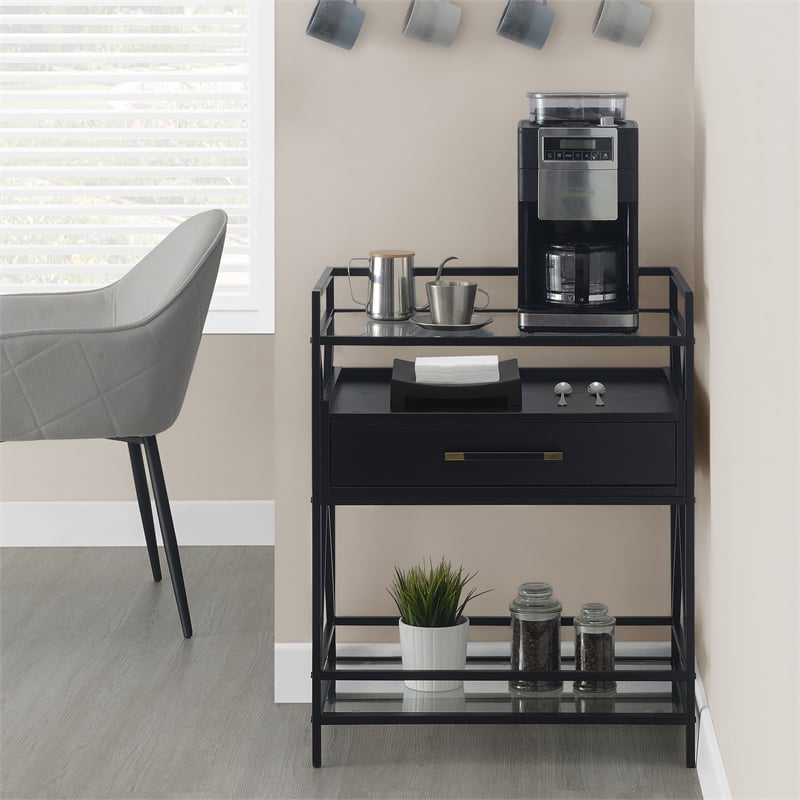 Pemberly Row Serving Bar in Black Wood Finish with Metal Frame
