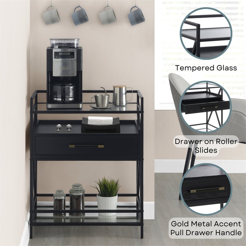 Pemberly Row Serving Bar in Black Wood Finish with Metal Frame