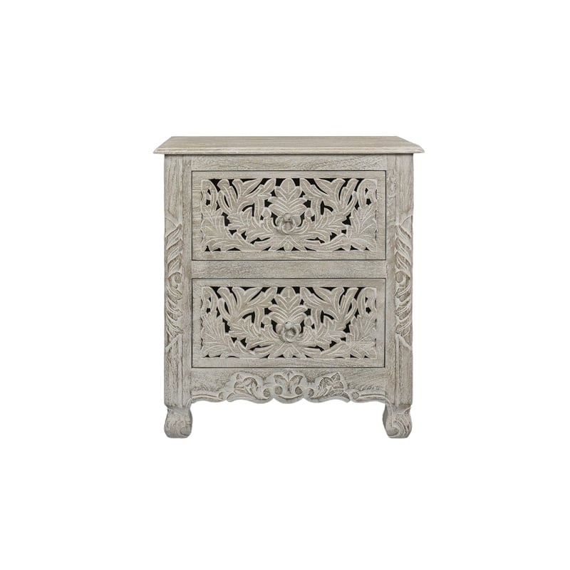Pemberly Row Monte 2-Drawer Floral Carved Wood Nightstand in Gray