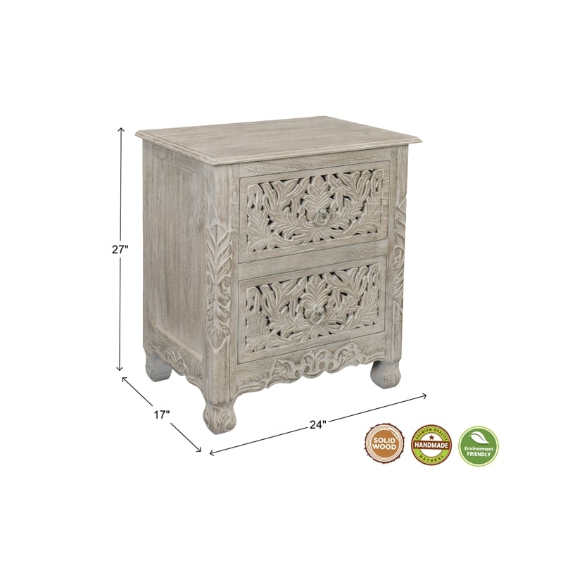 Pemberly Row Monte 2-Drawer Floral Carved Wood Nightstand in Gray