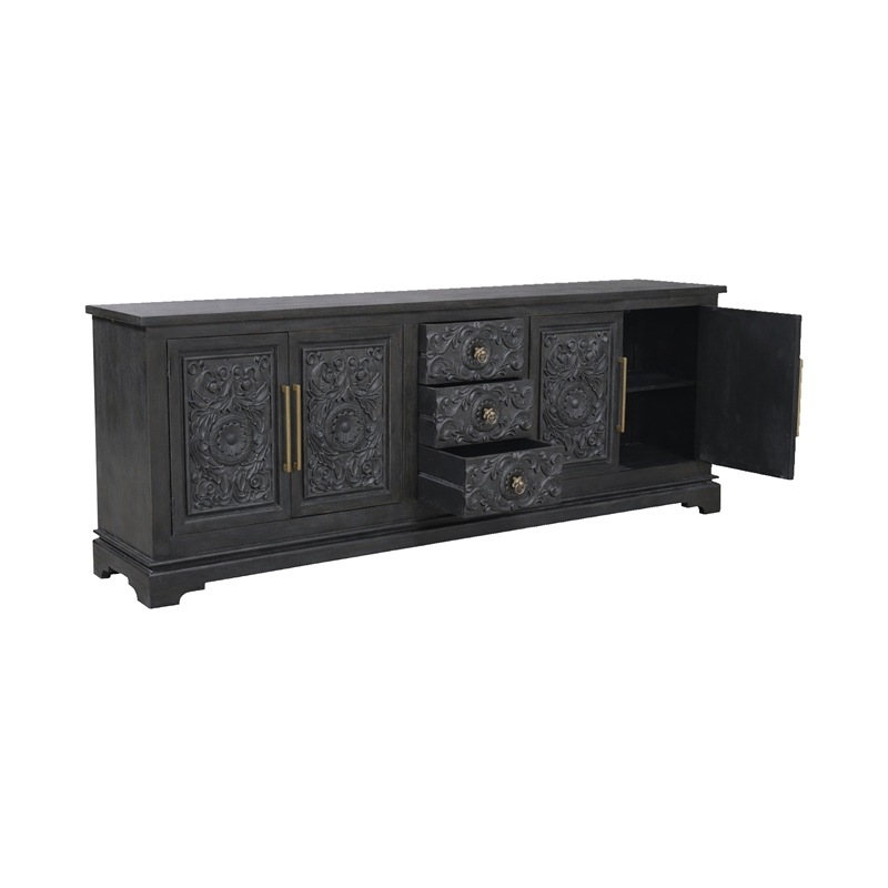 Pemberly Row Isabella 3-Drawer 4-Door Solid Wood Sideboard in Black