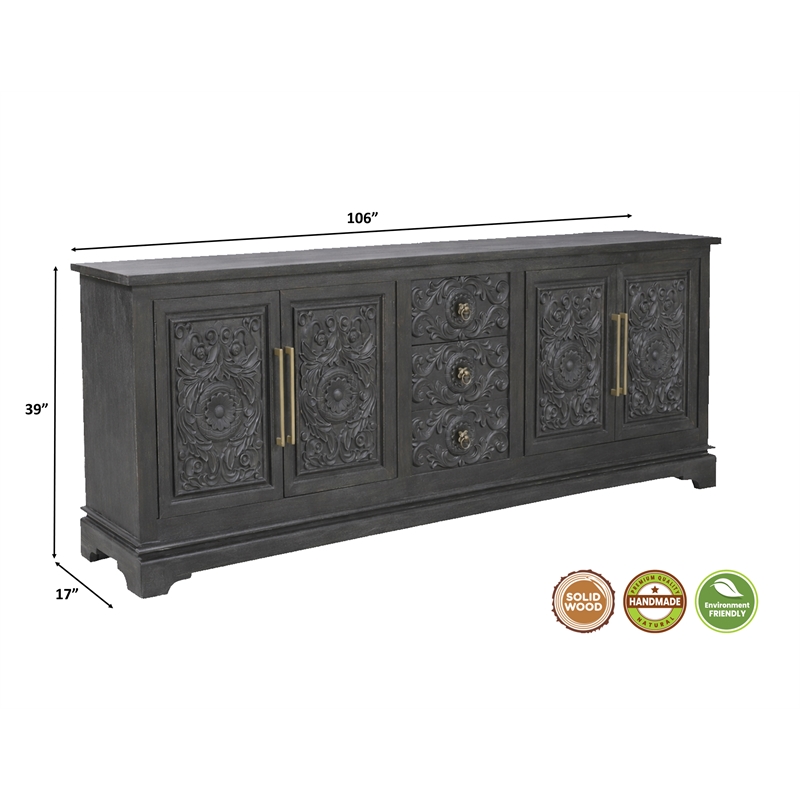 Pemberly Row Isabella 3-Drawer 4-Door Solid Wood Sideboard in Black