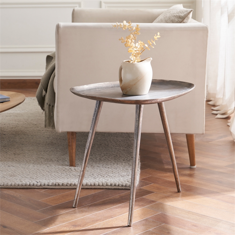 Pemberly Row Metal End Table in Silver Finish with Triangular Top