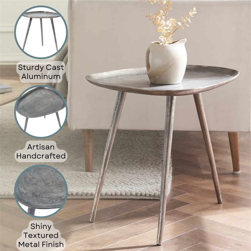 Pemberly Row Metal End Table in Silver Finish with Triangular Top