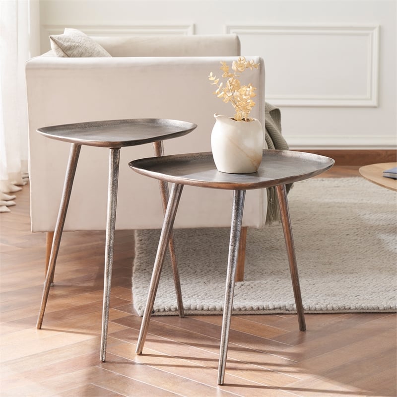 Pemberly Row Metal End Table in Silver Finish with Triangular Top