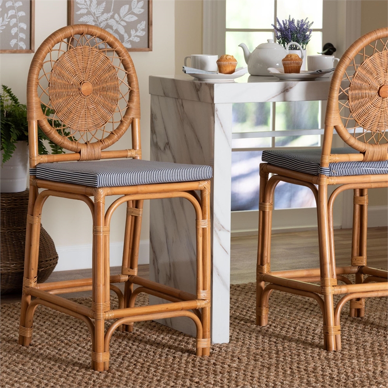 Pemberly Row Natural Rattan Counter Stool with Cushion