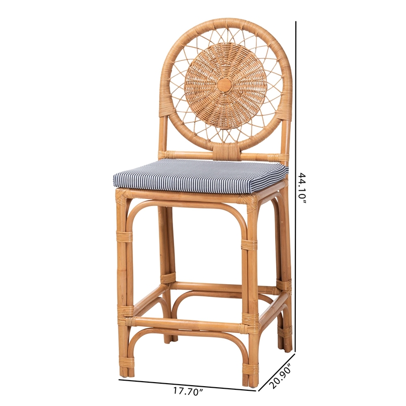 Pemberly Row Natural Rattan Counter Stool with Cushion