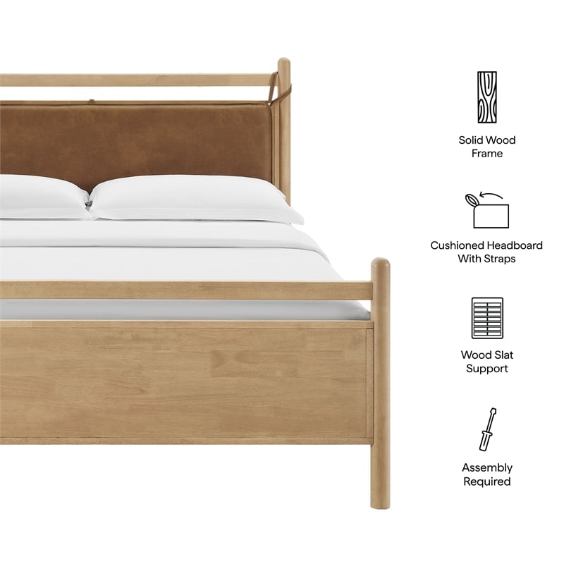 Pemberly Row Queen Platform Bed in Faux Leather and Light Oak Canyon Wood