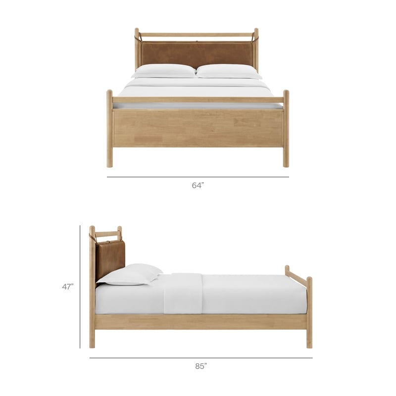 Pemberly Row Queen Platform Bed in Faux Leather and Light Oak Canyon Wood