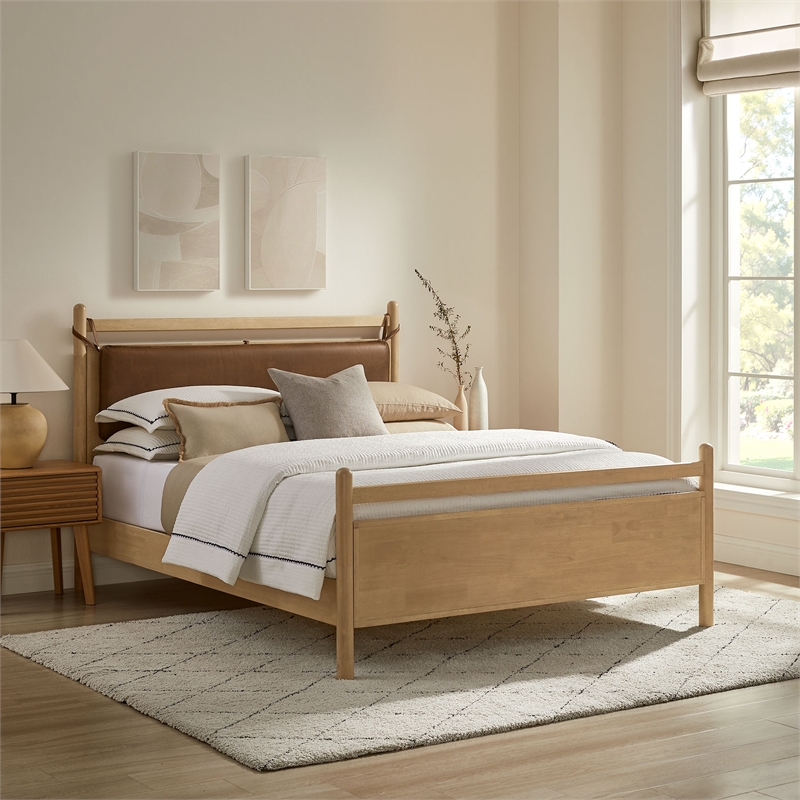 Pemberly Row Queen Platform Bed in Faux Leather and Light Oak Canyon Wood