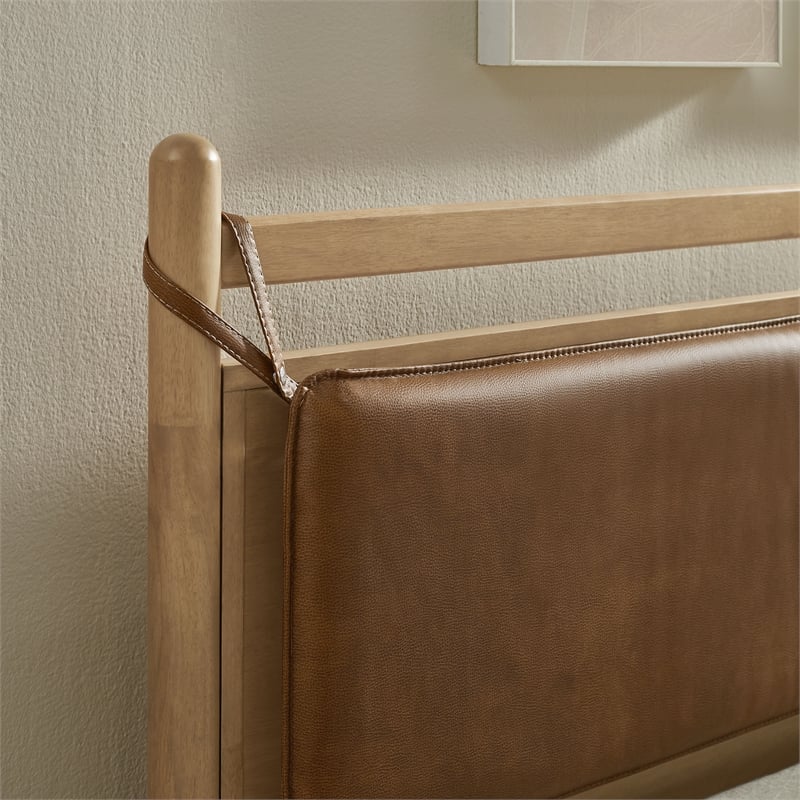 Pemberly Row Queen Platform Bed in Faux Leather and Light Oak Canyon Wood