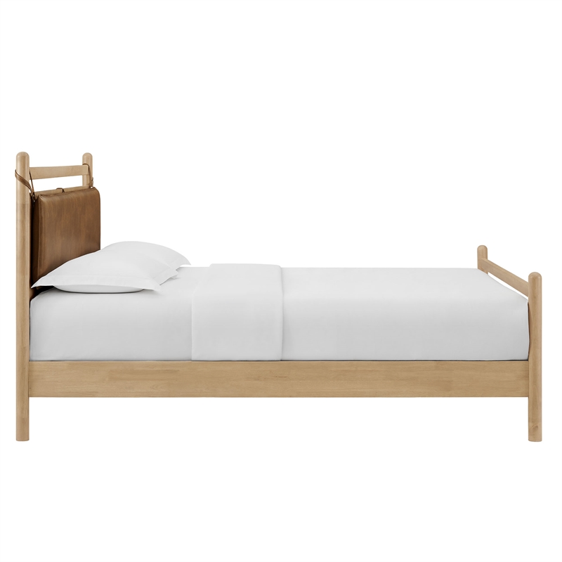 Pemberly Row Queen Platform Bed in Faux Leather and Light Oak Canyon Wood