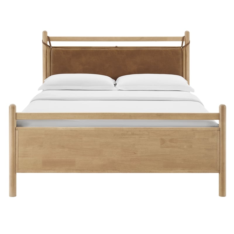 Pemberly Row Queen Platform Bed in Faux Leather and Light Oak Canyon Wood