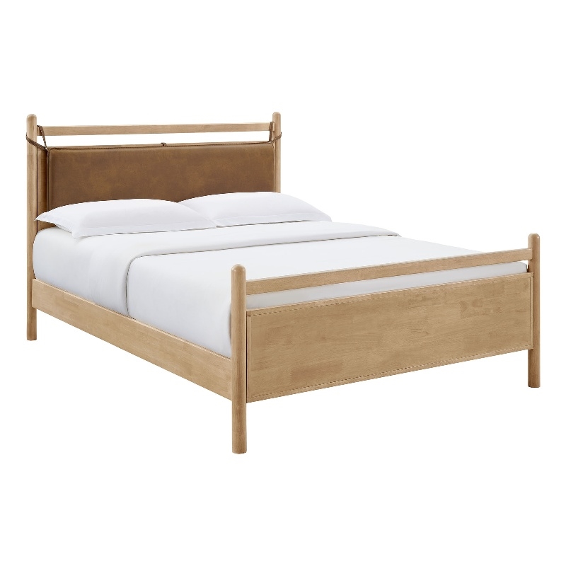 Pemberly Row Queen Platform Bed in Faux Leather and Light Oak Canyon Wood
