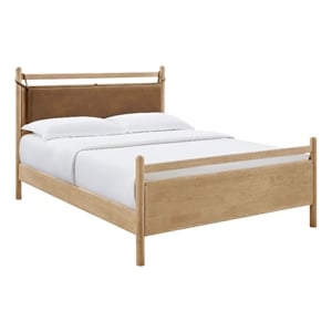Pemberly Row Queen Platform Bed in Faux Leather and Light Oak Canyon Wood
