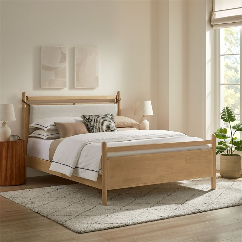 Pemberly Row King Platform Bed in Light Oak and Heathered Ivory Upholstery