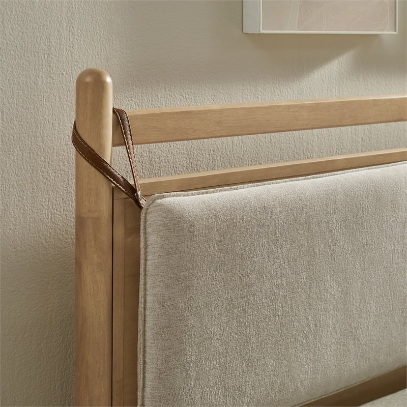 Pemberly Row King Platform Bed in Light Oak and Heathered Ivory Upholstery