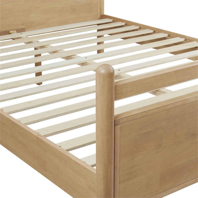 Pemberly Row Queen Platform Bed in Light Oak with Heathered Ivory Upholstery