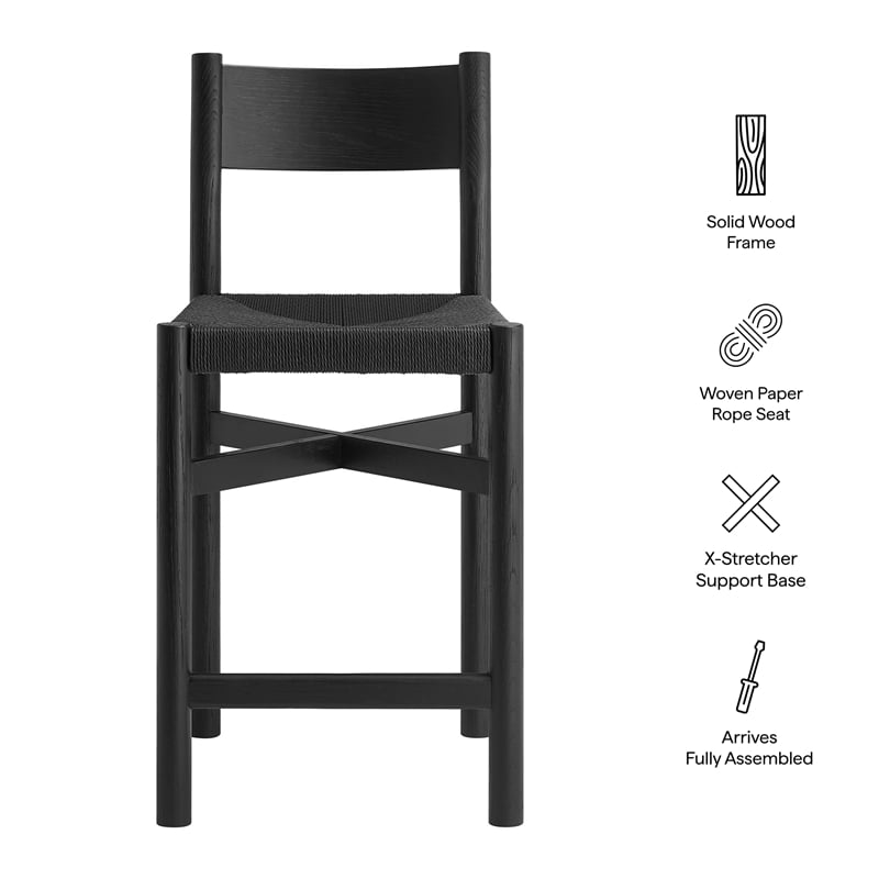 Pemberly Row Set of 2 Oak Wood Counter Stools with Woven Seats in Black