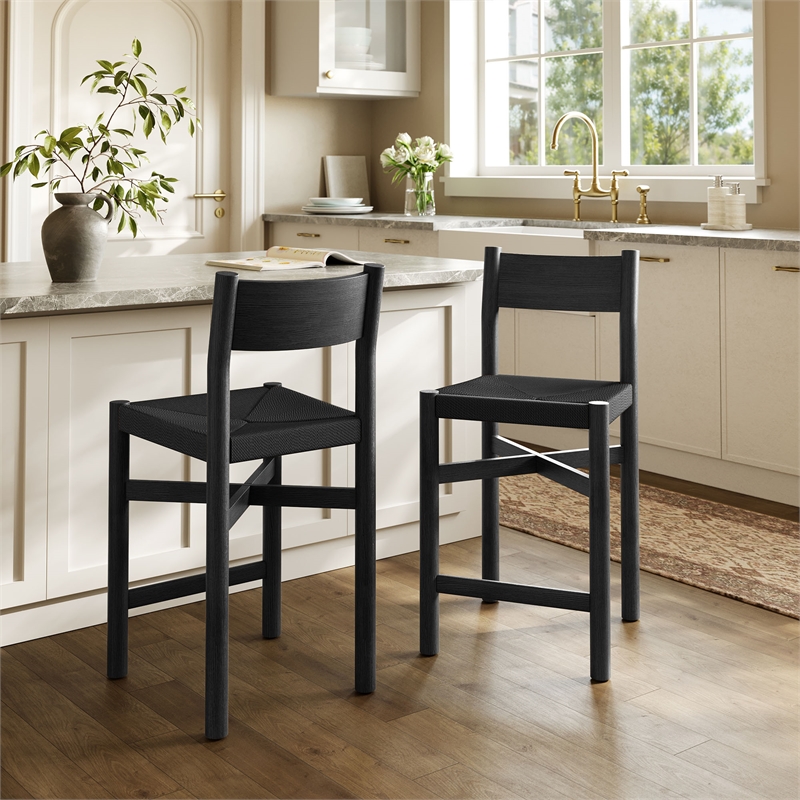 Pemberly Row Set of 2 Oak Wood Counter Stools with Woven Seats in Black