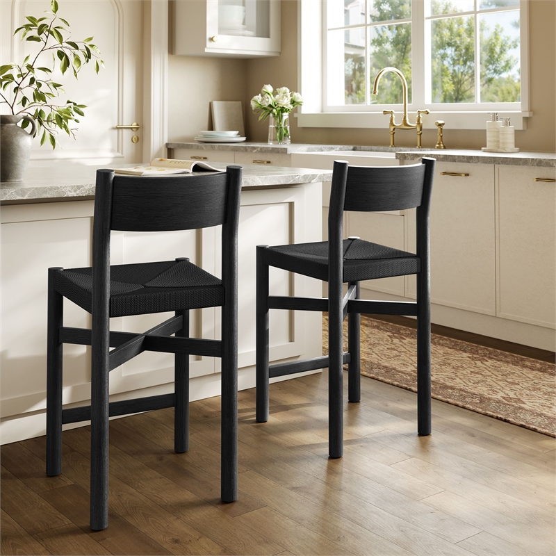 Pemberly Row Set of 2 Oak Wood Counter Stools with Woven Seats in Black