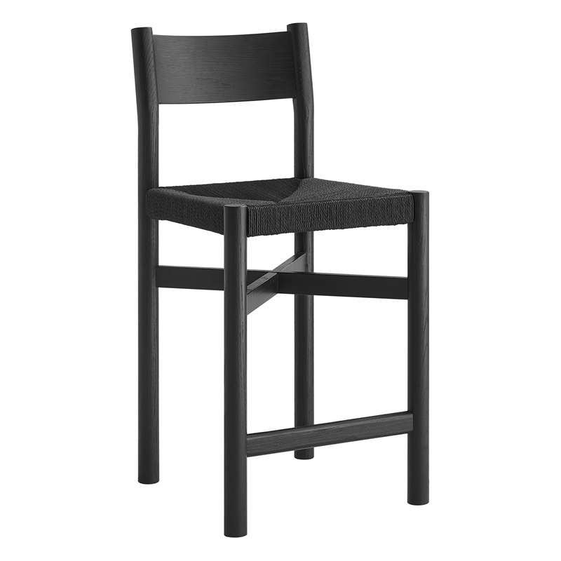 Pemberly Row Set of 2 Oak Wood Counter Stools with Woven Seats in Black