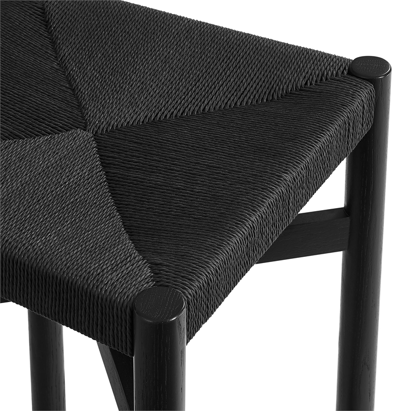Pemberly Row Set of 2 Oak Wood Counter Stools with Woven Seats in Black