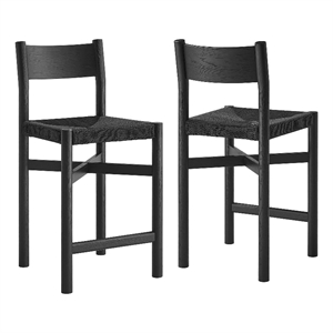 Pemberly Row Set of 2 Oak Wood Counter Stools with Woven Seats in Black