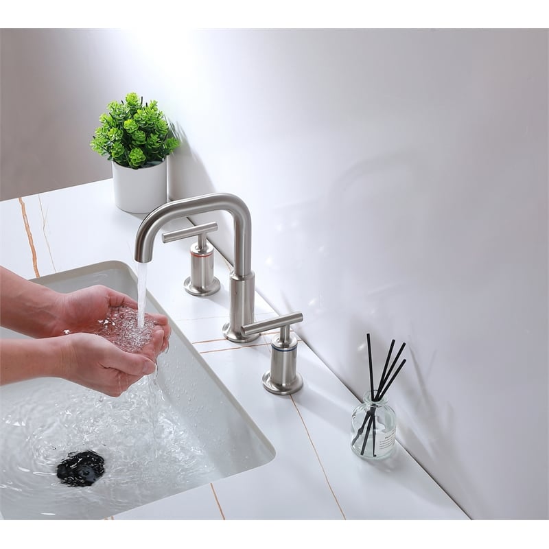 Pemberly Row Brass Double Handle Bathroom Faucet in Brushed Nickel