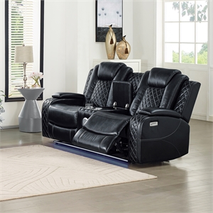 Pemberly Row Faux Leather Power Loveseat with Console in Black