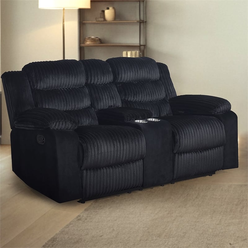 Pemberly Row Black Reclining Loveseat with Drink Console and Storage