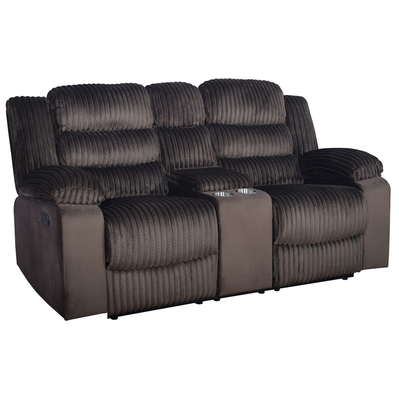 Pemberly Row Dual Reclining Loveseat in Wood and Chocolate Brown Fabric