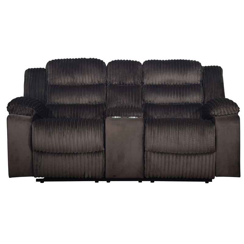 Pemberly Row Dual Reclining Loveseat in Wood and Chocolate Brown Fabric