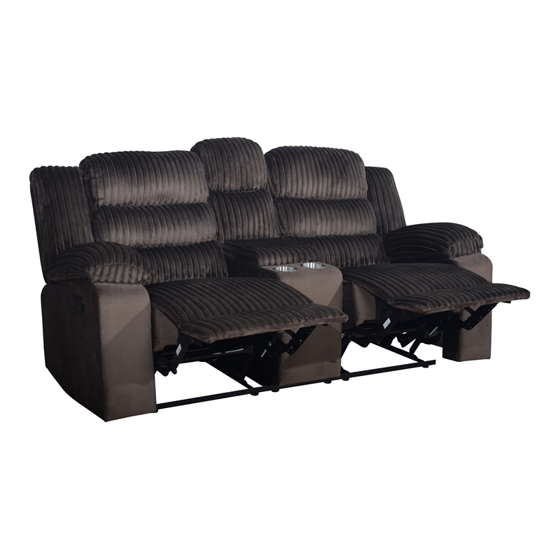 Pemberly Row Dual Reclining Loveseat in Wood and Chocolate Brown Fabric
