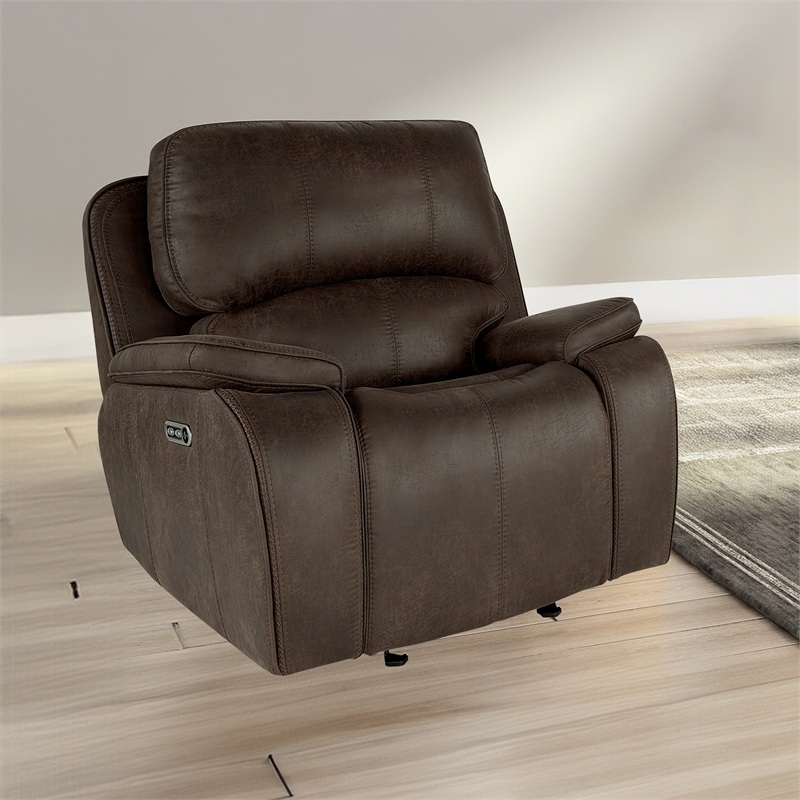 Pemberly Row Fabric Power Glider Recliner in Rustic Brown with USB Ports