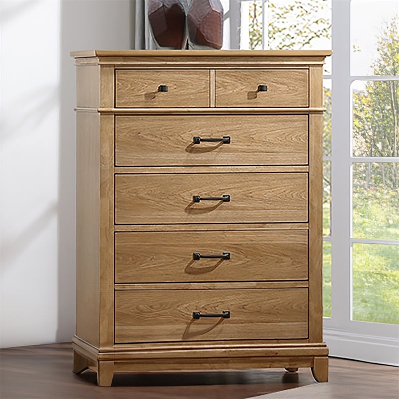 Pemberly Row Wood 5-Drawer Chest in Honey Brown