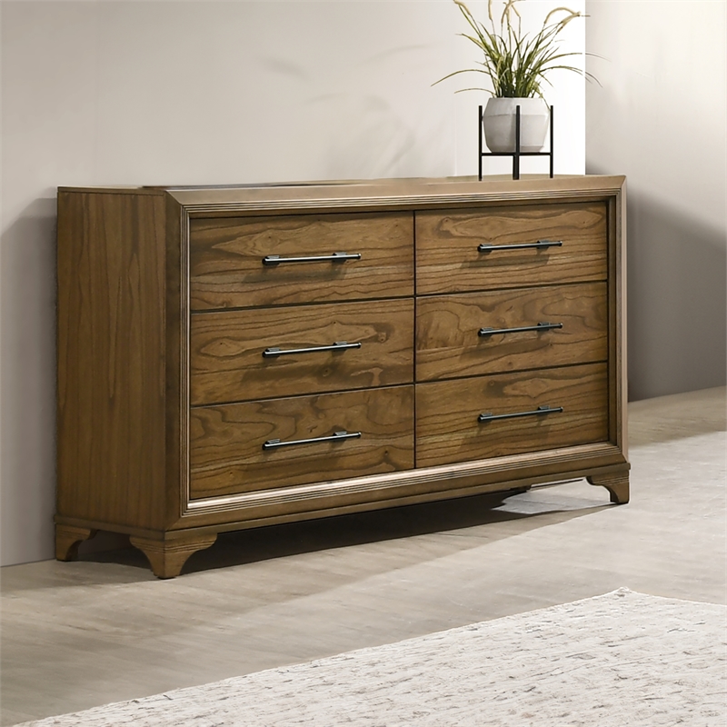 Pemberly Row Wood 6-Drawer Dresser in Honey Finish