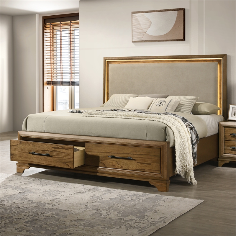 Pemberly Row Wood King Storage Platform Bed in Honey Finish