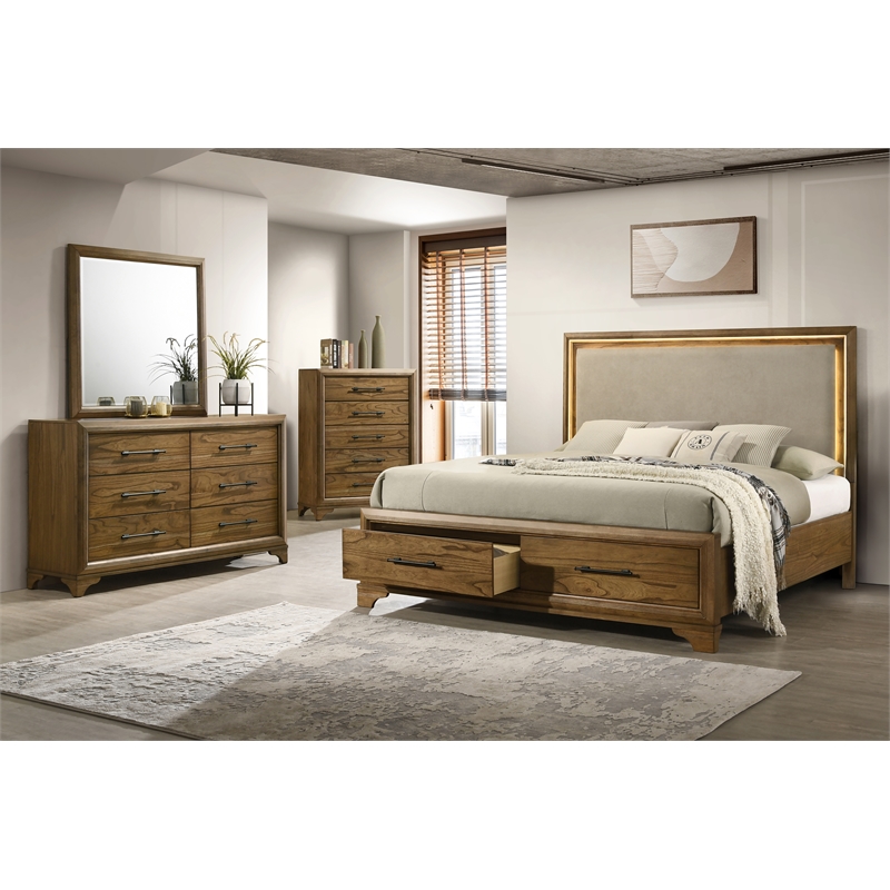 Pemberly Row 4Pc Wood Queen Bedroom Set with Chest in Honey Brown