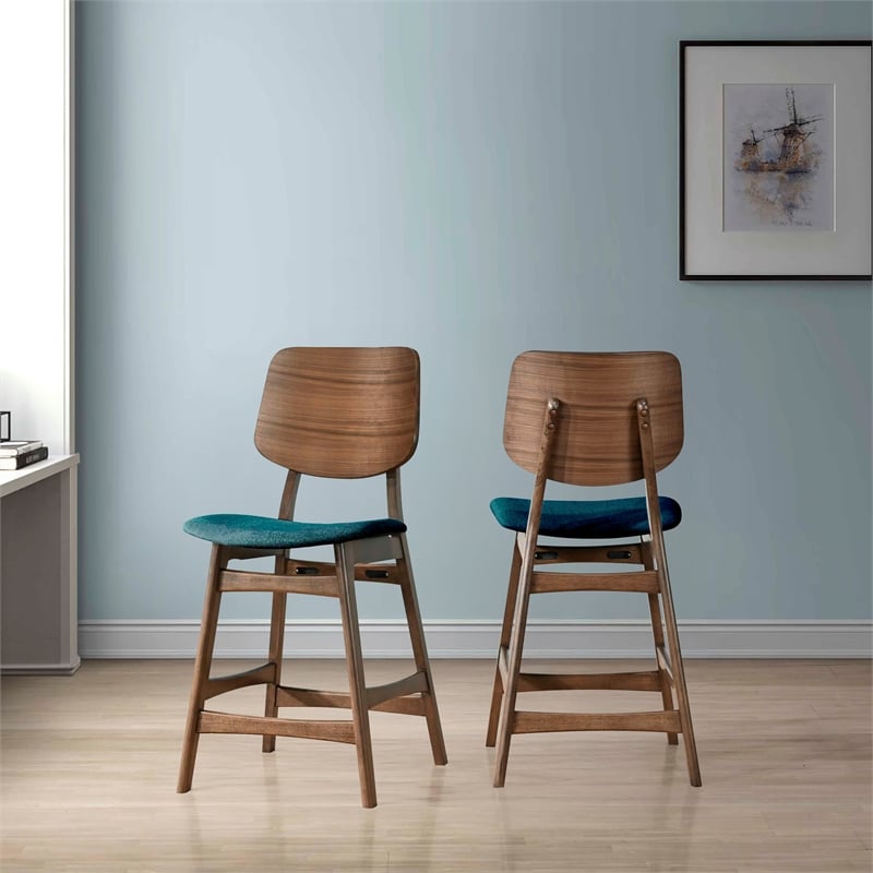 Pemberly Row Wood Counter Chair in Walnut and Teal (Set of 2)