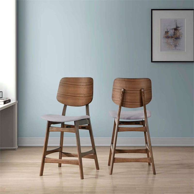 Pemberly Row Wood Counter Chair in Walnut and Dark Gray (Set of 2)