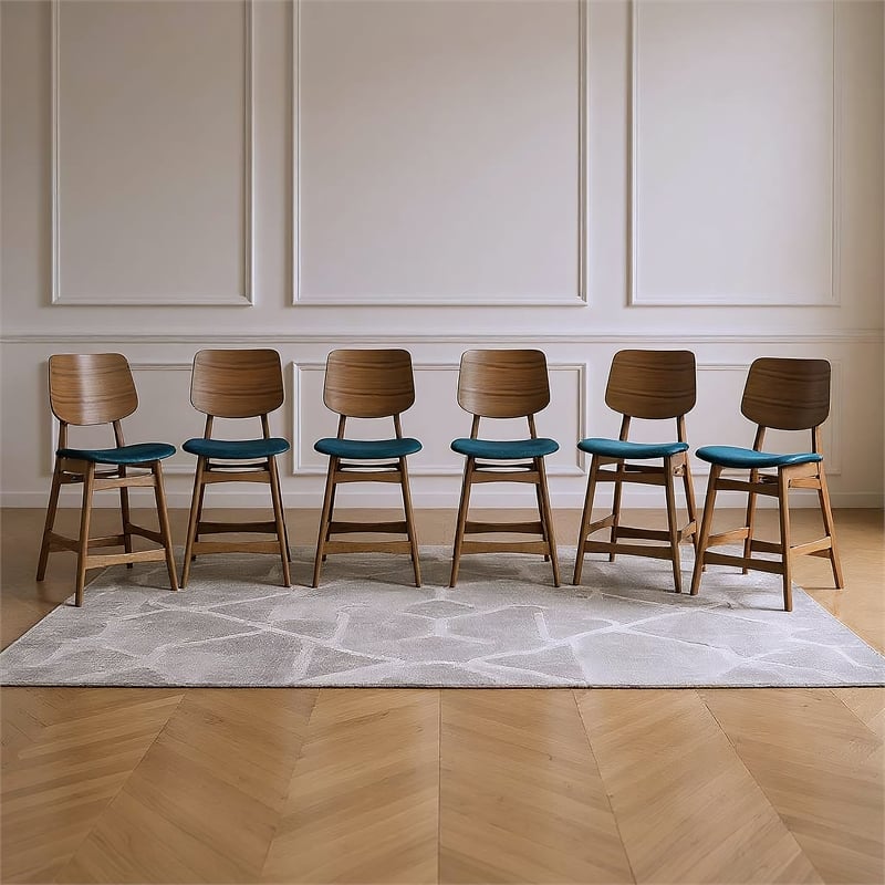 Pemberly Row Set of 6 Mid-Century Rubberwood Counter Chairs in Teal