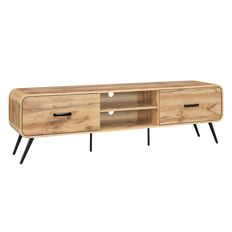 Pemberly Row Wood Low Profile TV Console in Natural Oak Finish