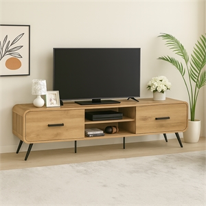 Pemberly Row Wood Low Profile TV Console in Natural Oak Finish