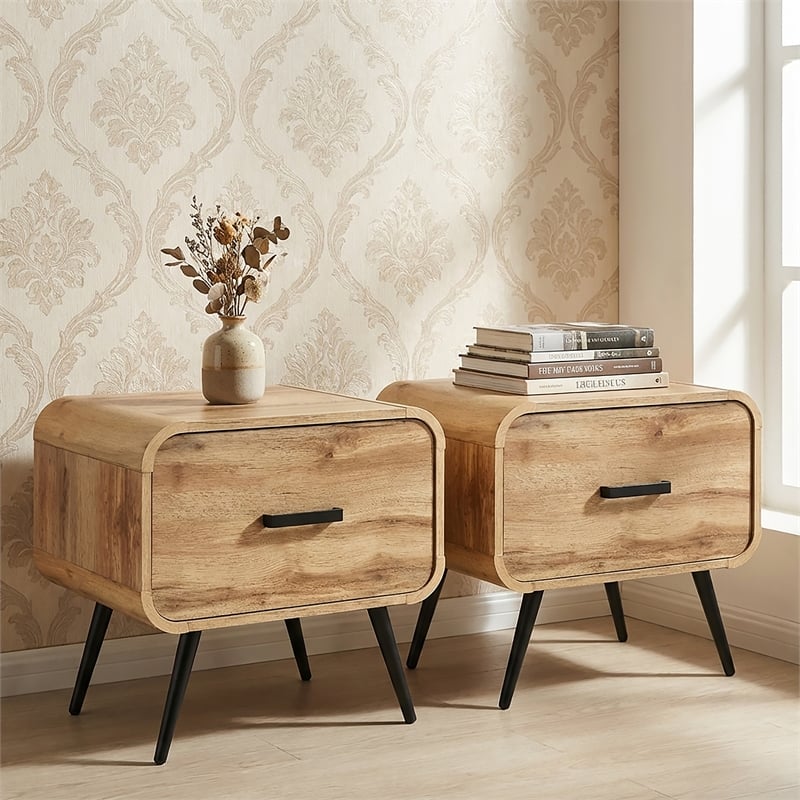 Pemberly Row Rowan Wood 1-Drawer End Table in Natural Finish (Set of 2)