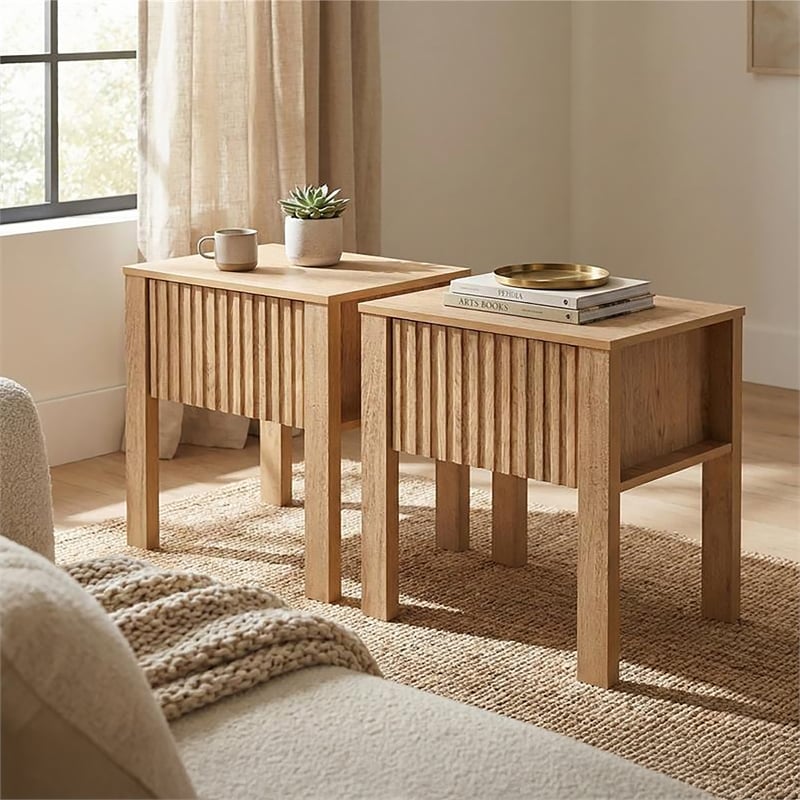 Pemberly Row Thayer Wood 1-Drawer End Table in Natural Finish (Set of 2)