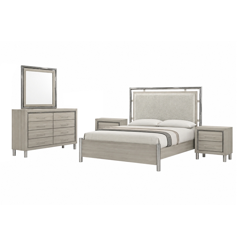 Pemberly Row 5Pc King Bedroom Set with 2 Nightstands in Grey Wood Finish