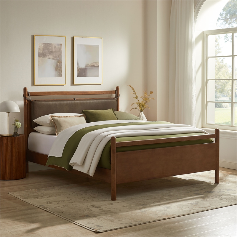Pemberly Row King Platform Bed with Faux Leather Headboard in Walnut Mushroom