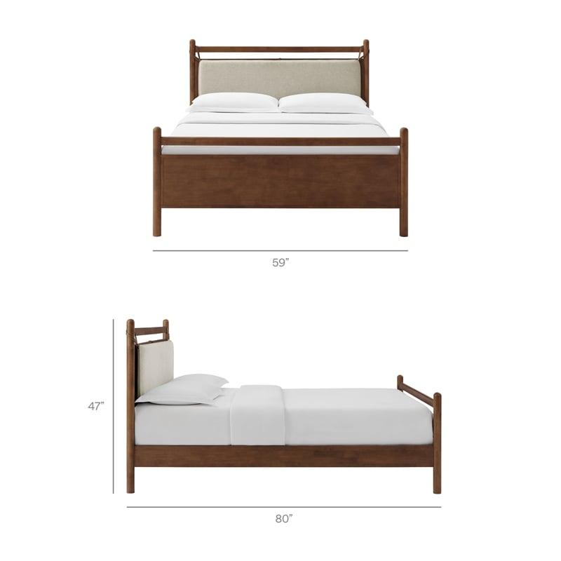 Pemberly Row Full Platform Bed Frame in Walnut Heathered Ivory Fabric