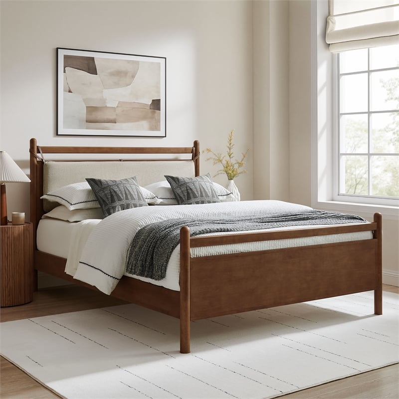 Pemberly Row Full Platform Bed Frame in Walnut Heathered Ivory Fabric